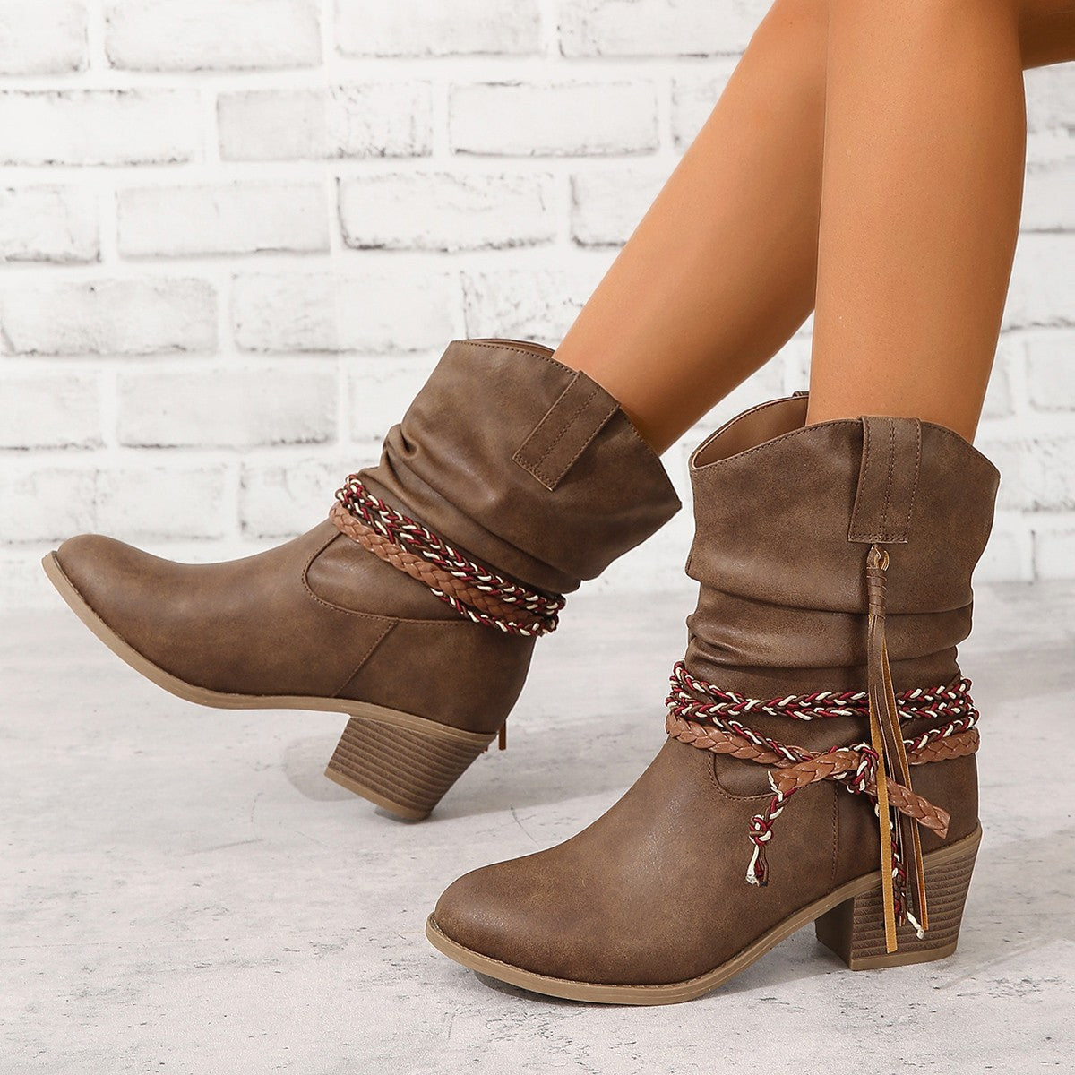 Women's Western Ankle Boots, Tassel and Braided Buckle