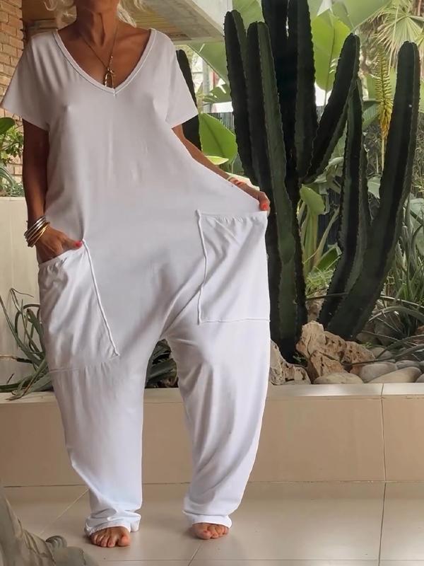 Women's V-Neck Short Sleeve Jumpsuit, Casual Cotton