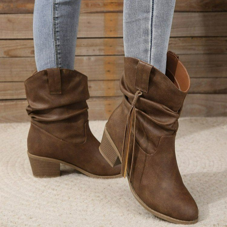 Women's Western Ankle Boots, Tassel and Braided Buckle