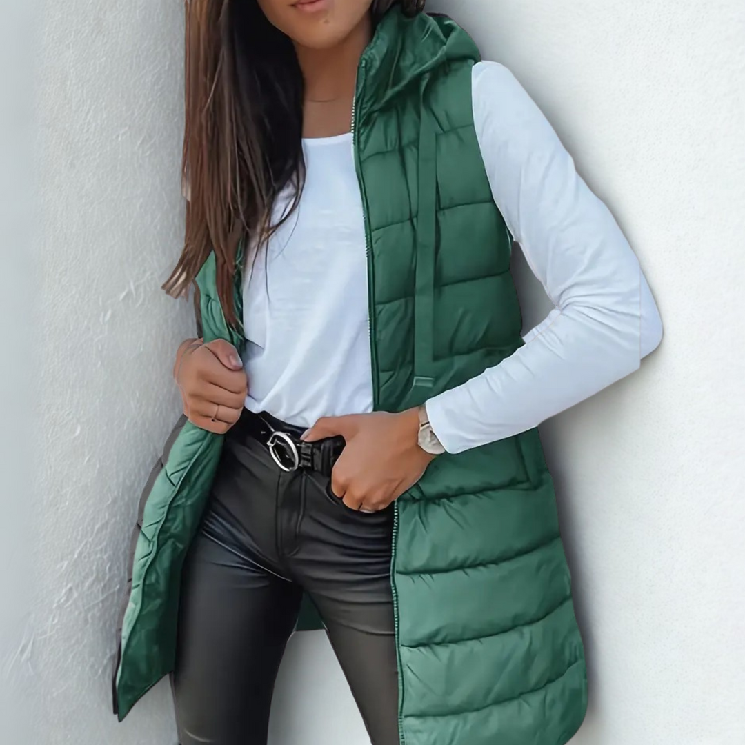 Women's Leather Jacket Style Puffer Vest, Longline Hooded Quilted