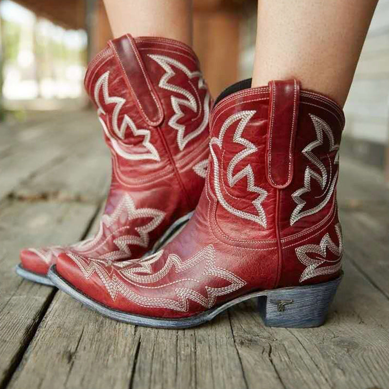 Women's Embroidered Western Ankle Boots, Low Block Heel