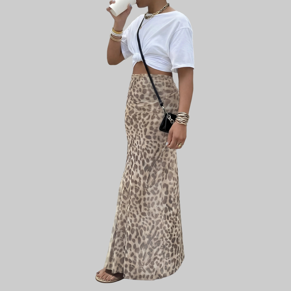 Women's Leopard Print Maxi Skirt, High Waist Fitted Mermaid Hem