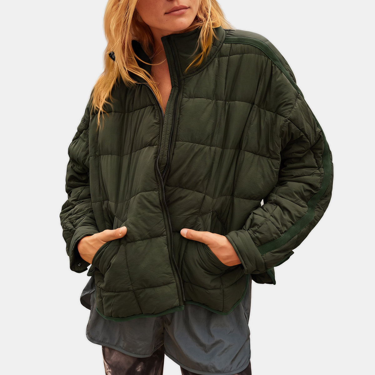 Women's Puffer Jacket, Oversized Quilted Stand Collar Zip Up