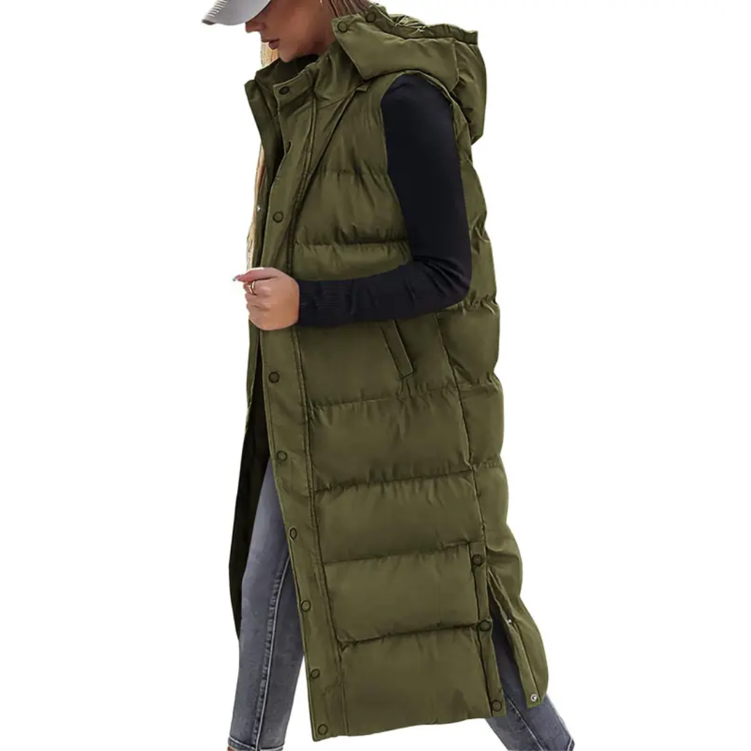 Women's Long Puffer Vest, Hooded Longline Sleeveless Gilet