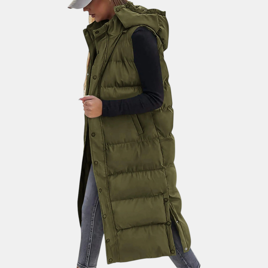 Women's Long Puffer Vest, Hooded Maxi Length Side Zip Pockets