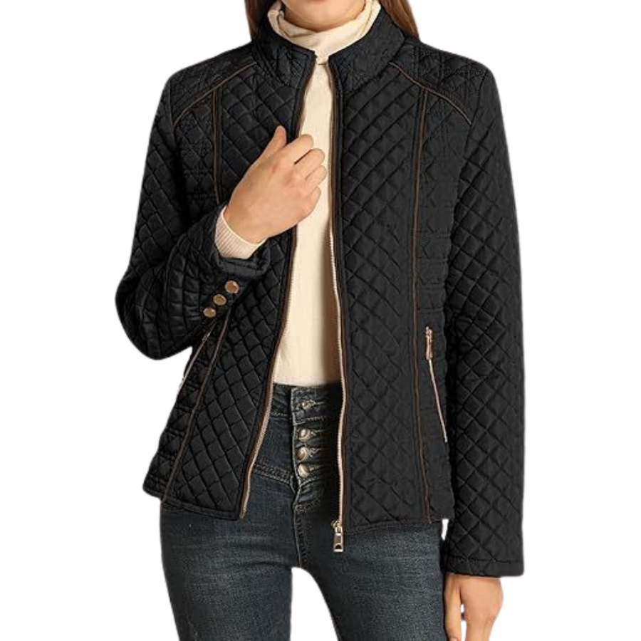 Women's Puffer Jacket, Diamond Quilt Stand Collar Zip Pockets