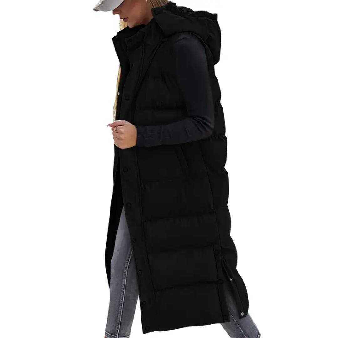 Women's Long Puffer Vest, Hooded Longline Sleeveless Gilet