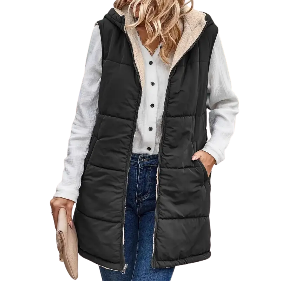 Women's Puffer Vest, Longline Hooded Quilted Sleeveless