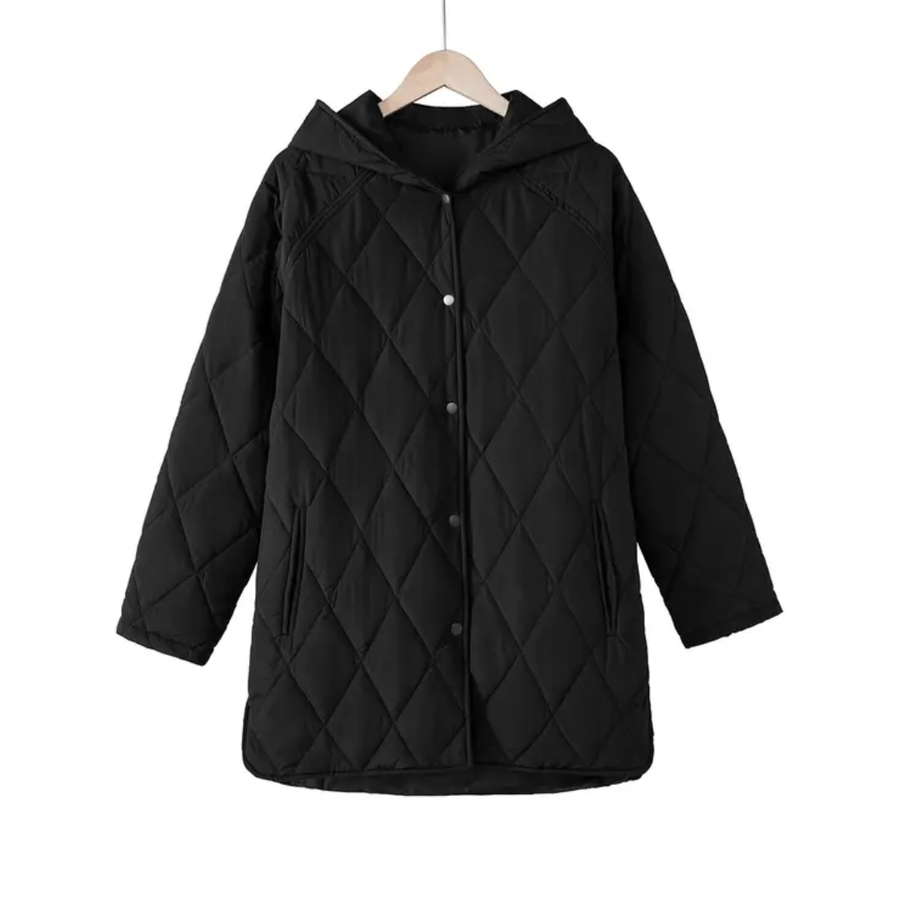 Women's Puffer Jacket, Longline Hooded Diamond Quilted