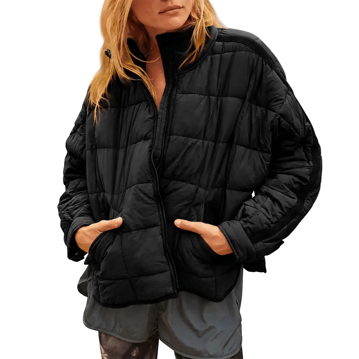 Women's Puffer Jacket, Oversized Quilted Stand Collar Zip Up