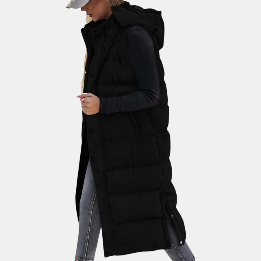 Women's Long Puffer Vest, Hooded Maxi Length Side Zip Pockets