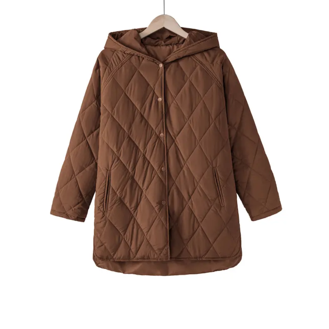 Women's Puffer Jacket, Longline Hooded Diamond Quilted
