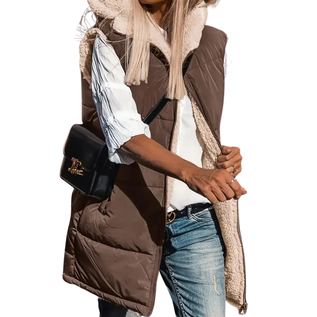 Women's Puffer Vest, Longline Hooded Quilted Sleeveless