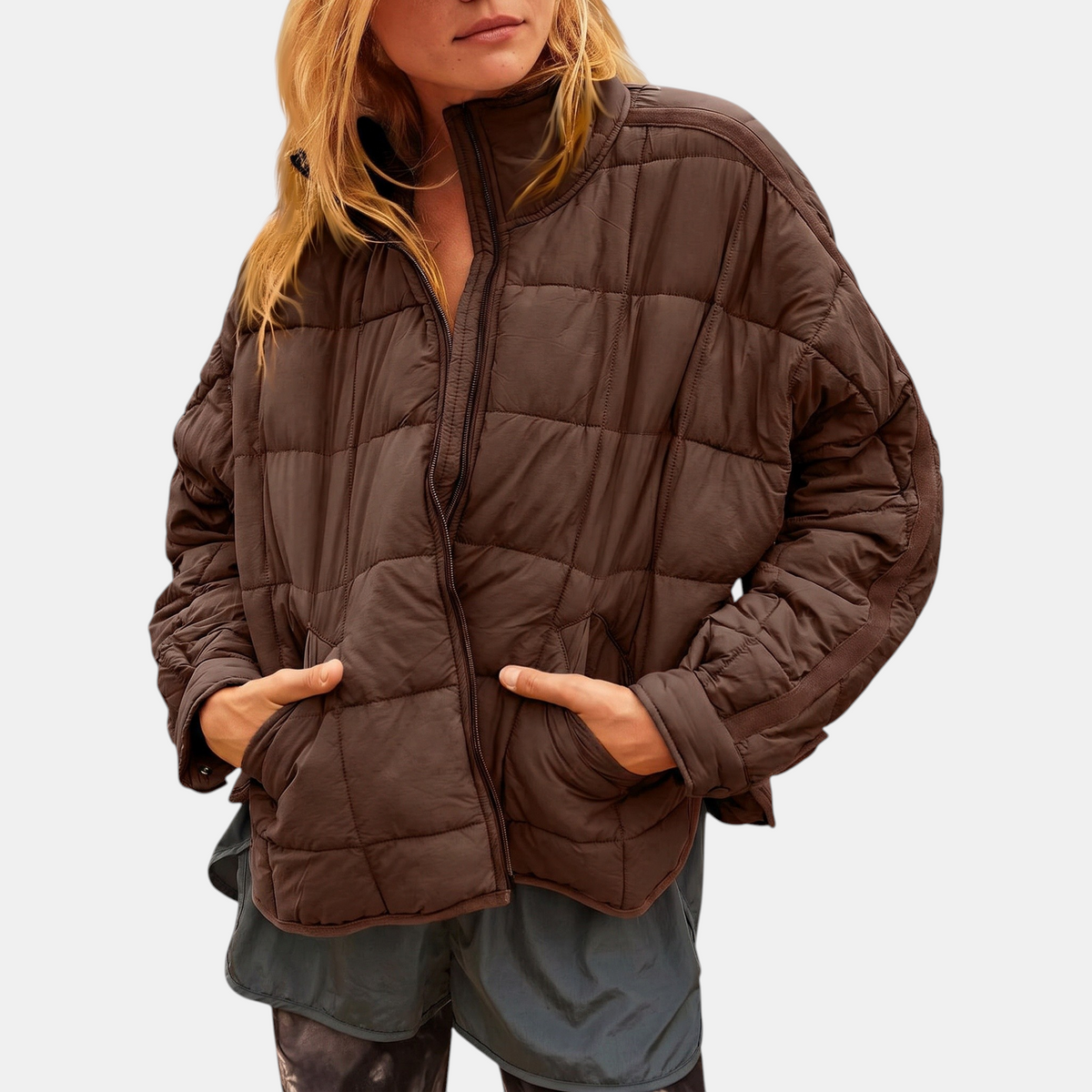 Women's Puffer Jacket, Oversized Quilted Stand Collar Zip Up