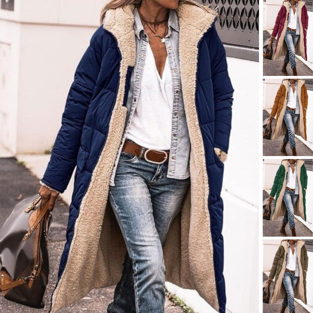 Women's Long Puffer Jacket, Reversible Sherpa Midi Longline Coat