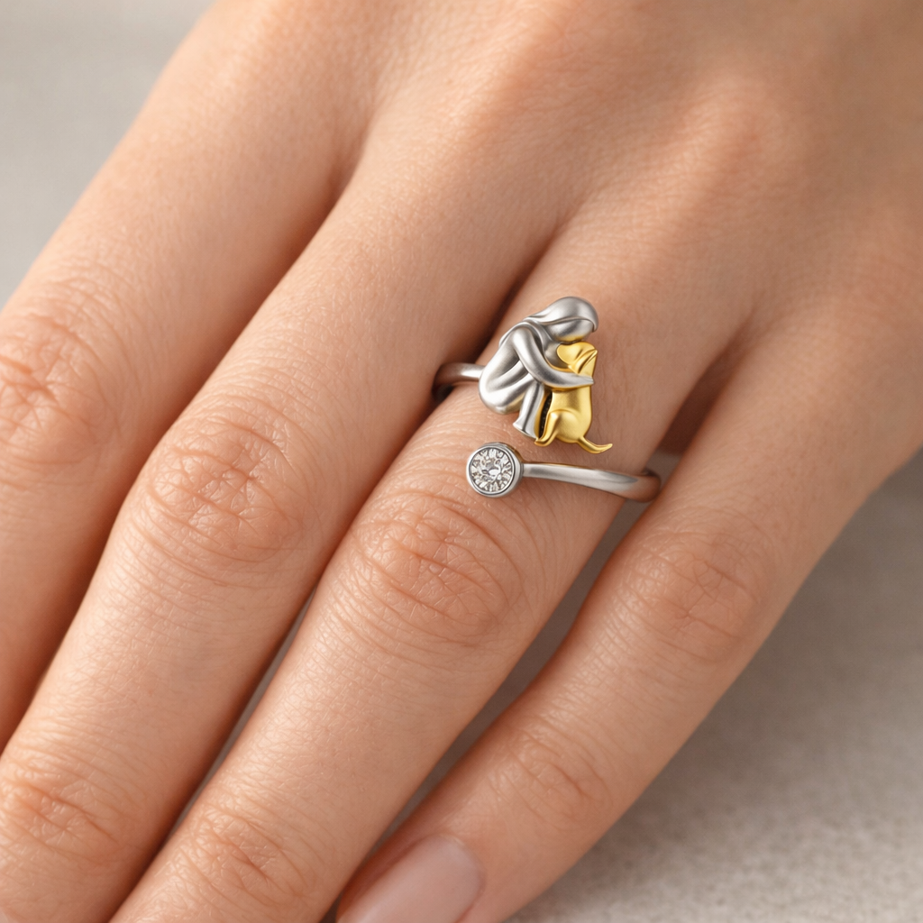 Sterling Silver Dog Ring wit Zirconia – Adjustable & Handmade