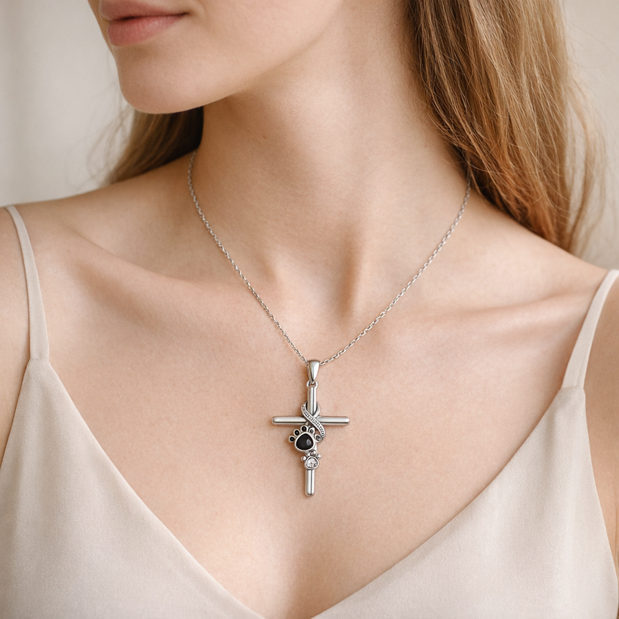 Sterling Silver Paw & Cross Necklace