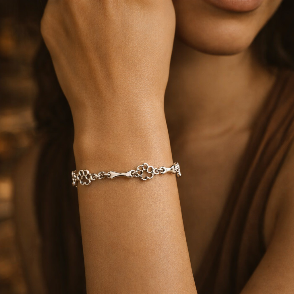 Limited Edition Pure Silver Dog Paw and Bone Charms Bracelet