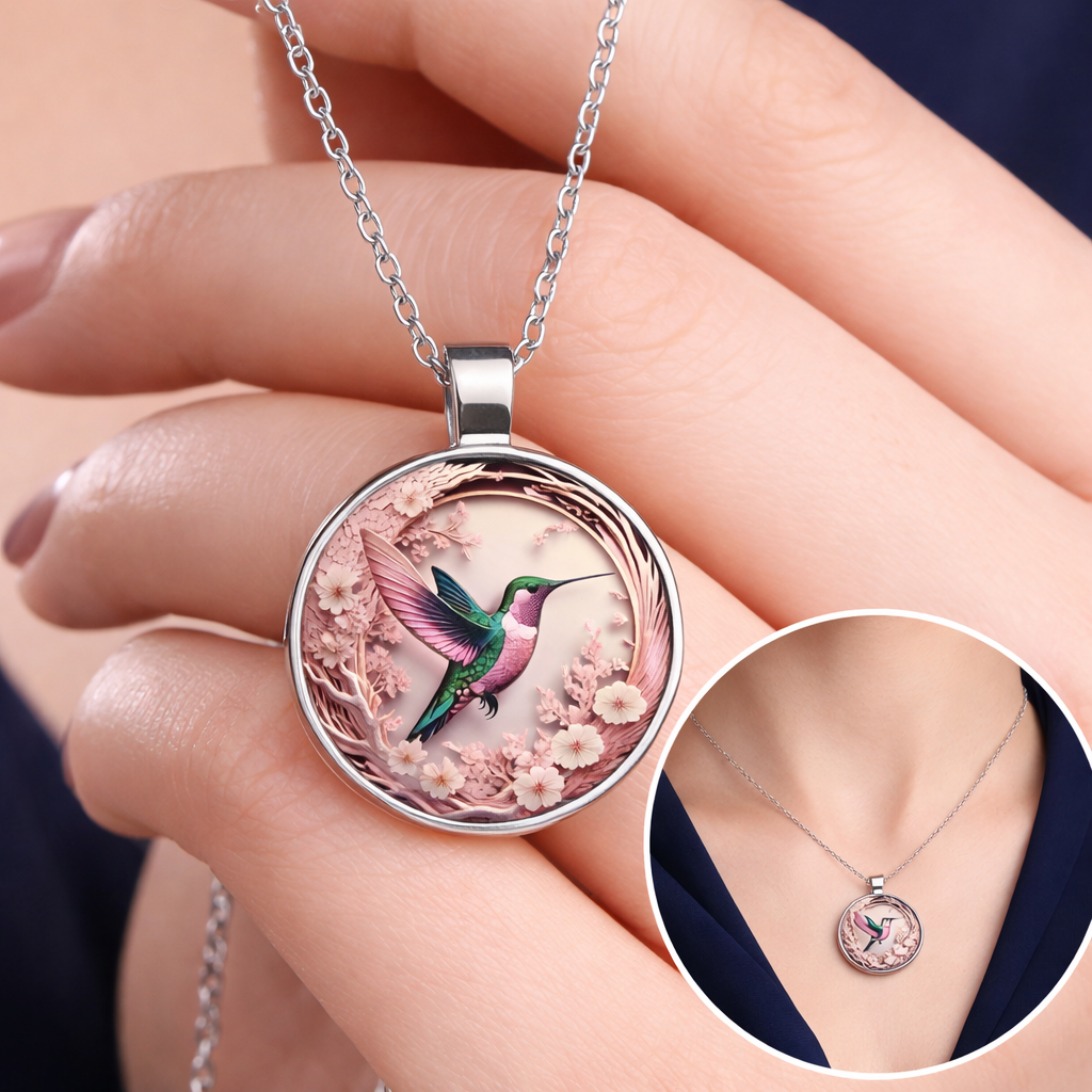 Hummingbird Glass Dome Pendant Necklace