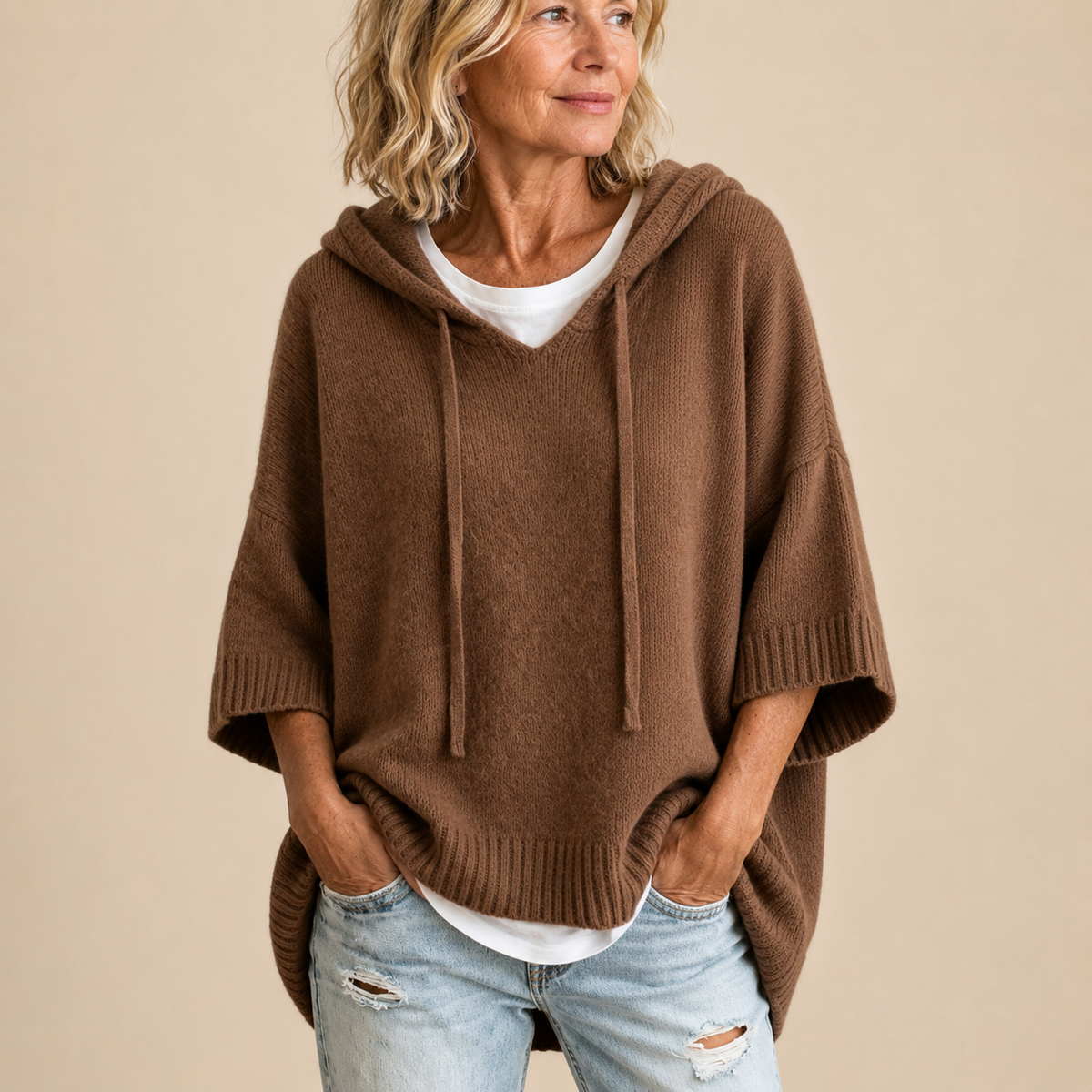 Ottavia | Hooded Knit Poncho with 3/4 Sleeves