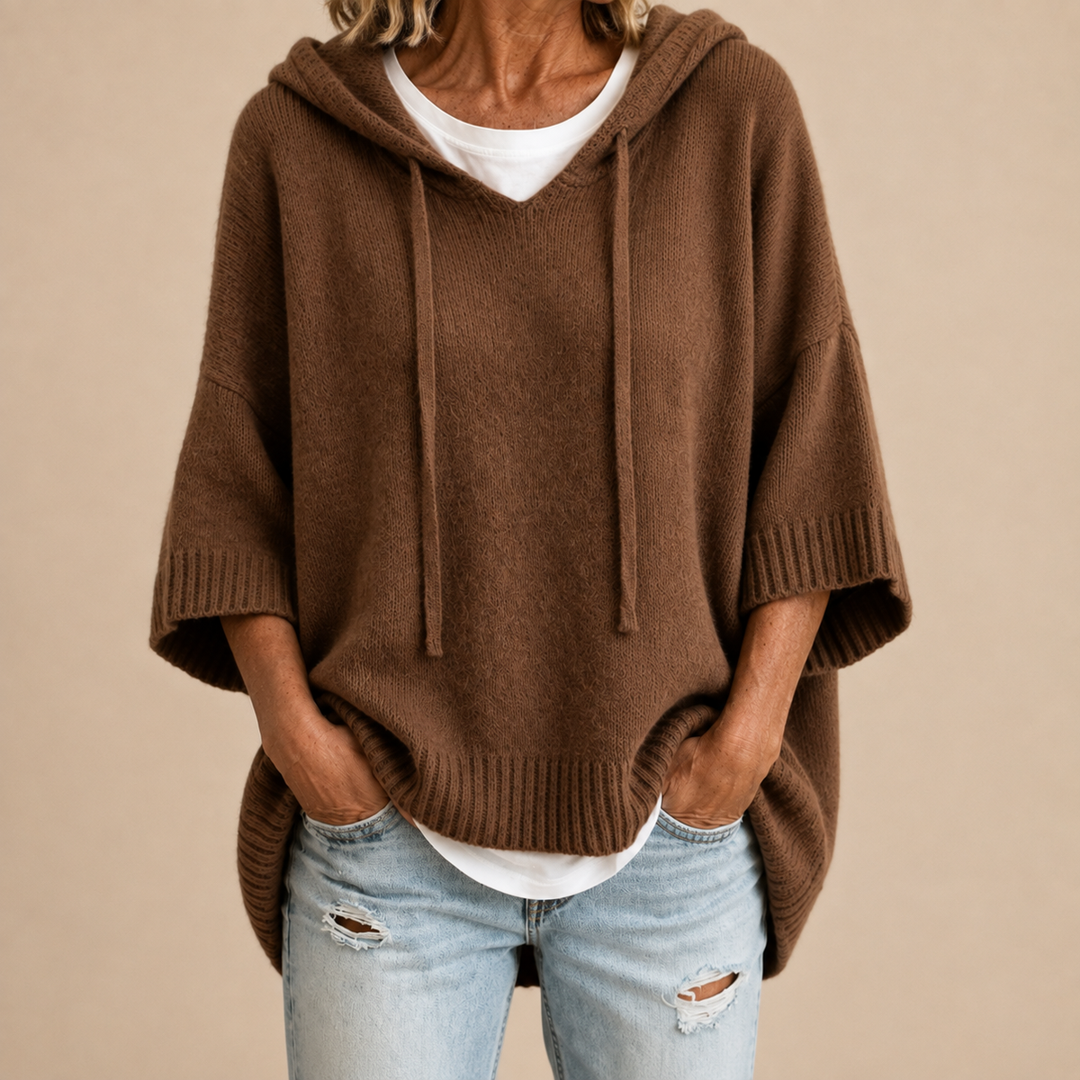 Ottavia | Hooded Knit Poncho with 3/4 Sleeves