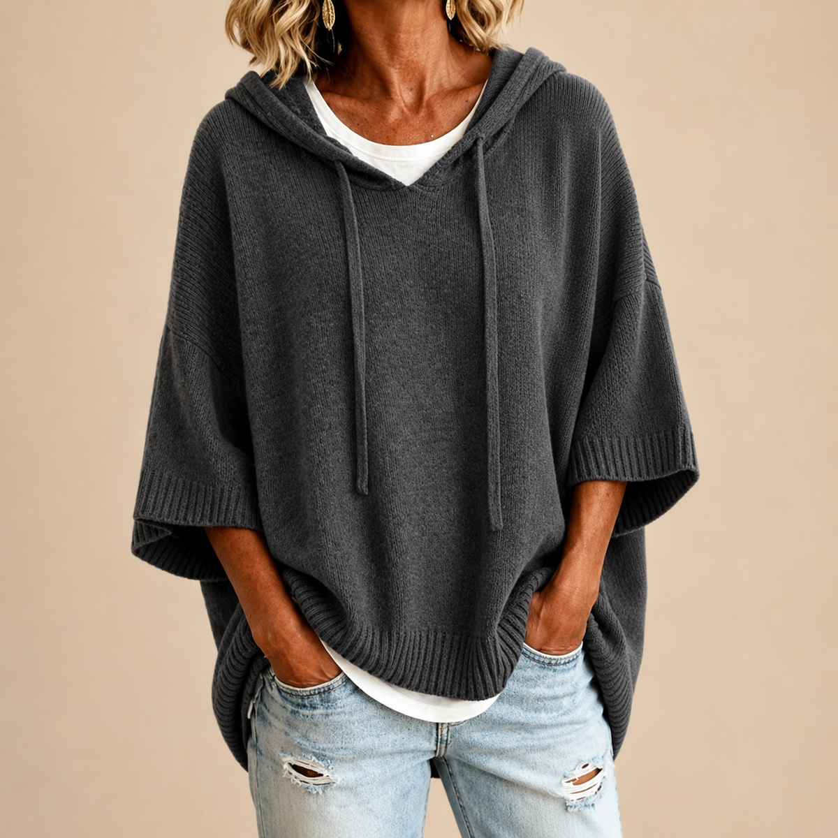 Ottavia | Hooded Knit Poncho with 3/4 Sleeves