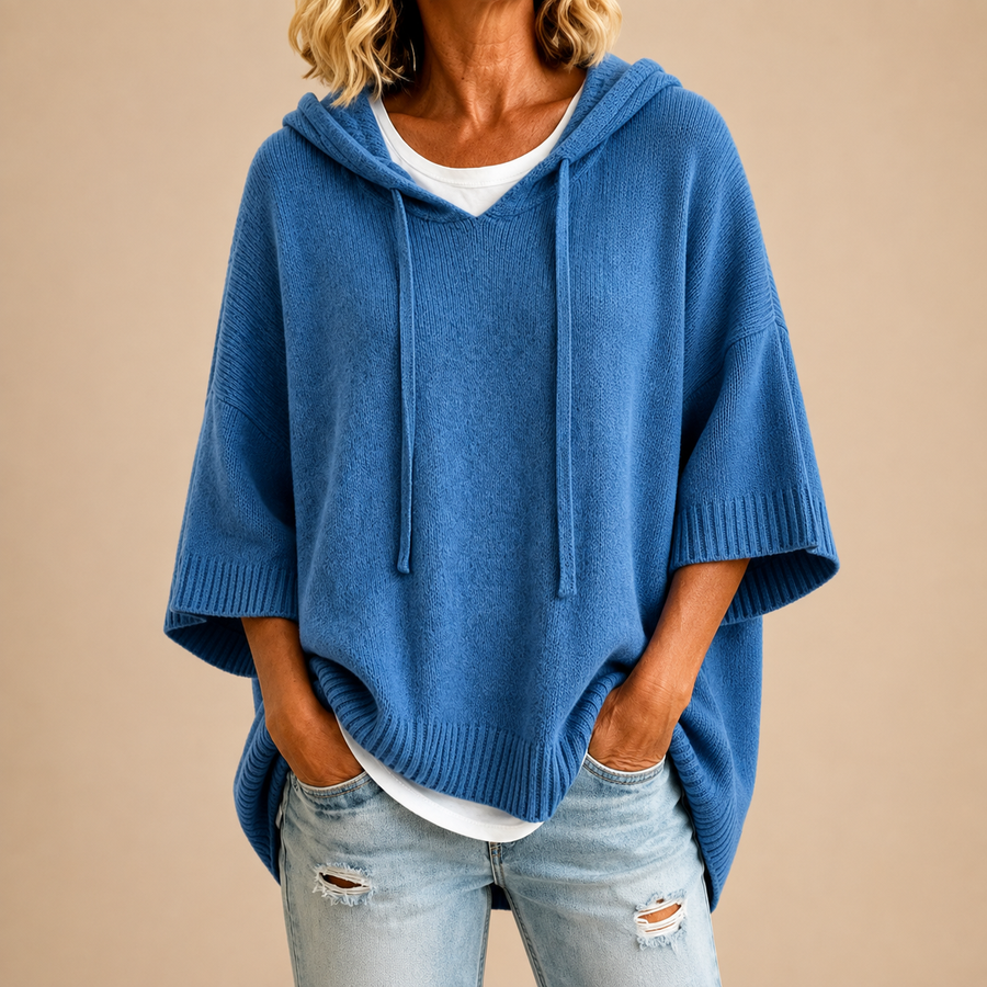 Ottavia hooded knit poncho with 3/4 sleeves – view 2