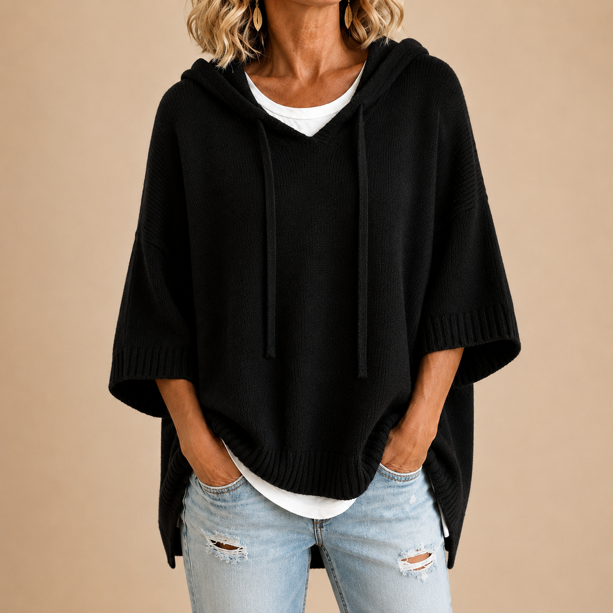 Ottavia | Hooded Knit Poncho with 3/4 Sleeves
