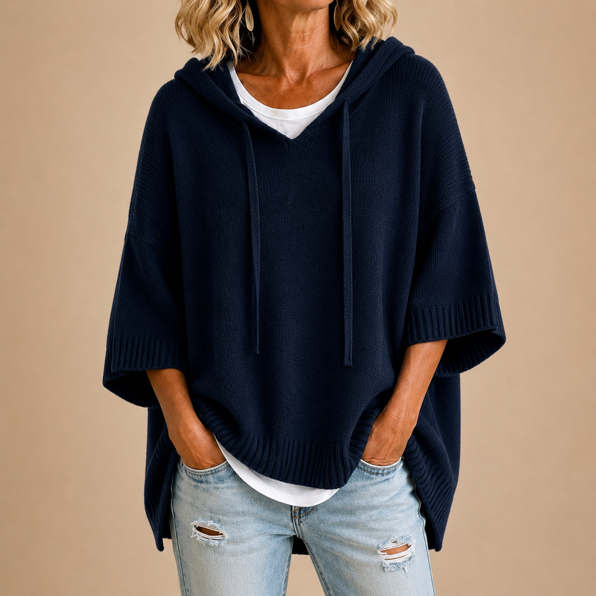 Ottavia | Hooded Knit Poncho with 3/4 Sleeves