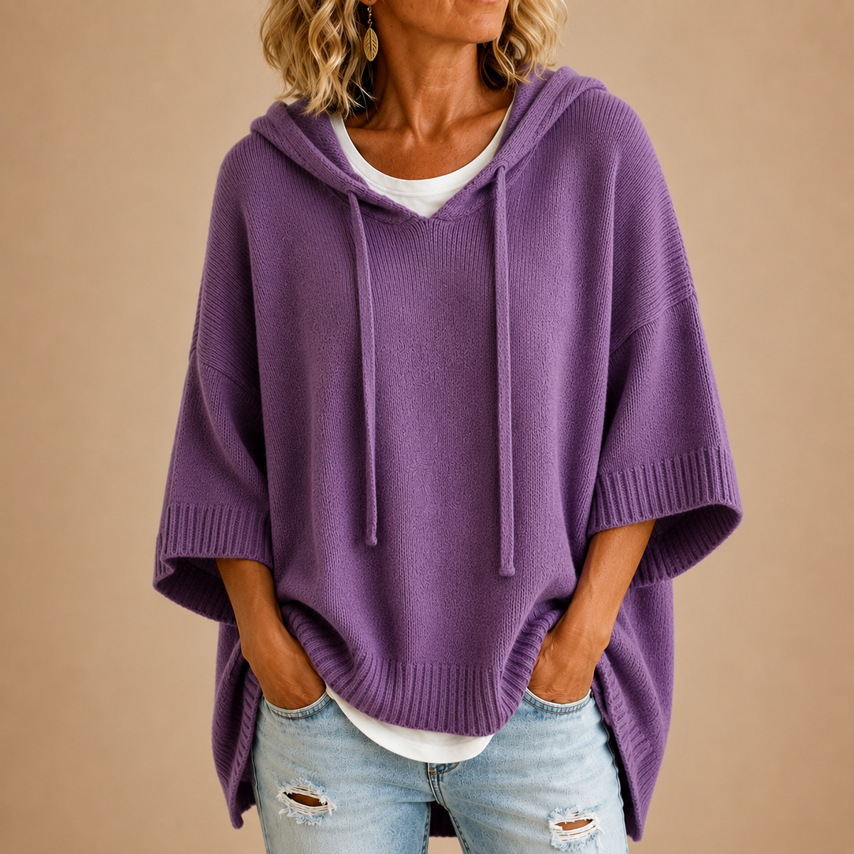 Ottavia | Hooded Knit Poncho with 3/4 Sleeves