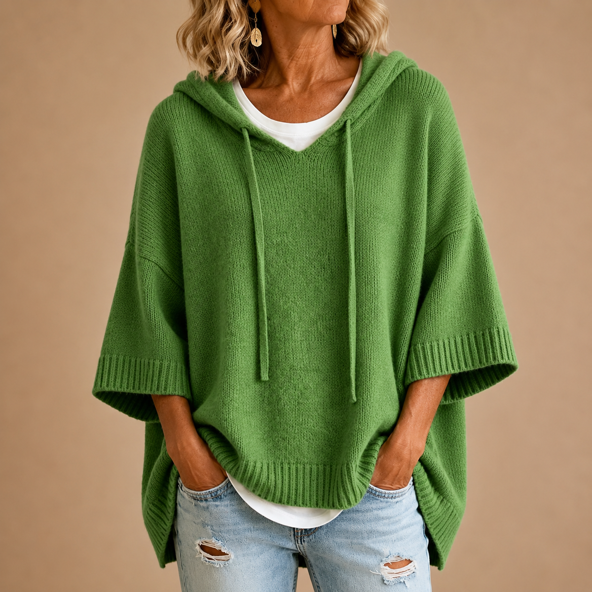 Ottavia | Hooded Knit Poncho with 3/4 Sleeves
