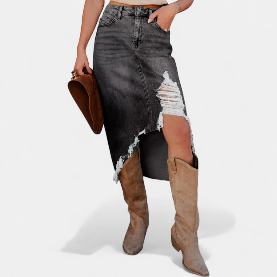 Women's Midi Skirt, Distressed Ripped Raw Frayed Hem