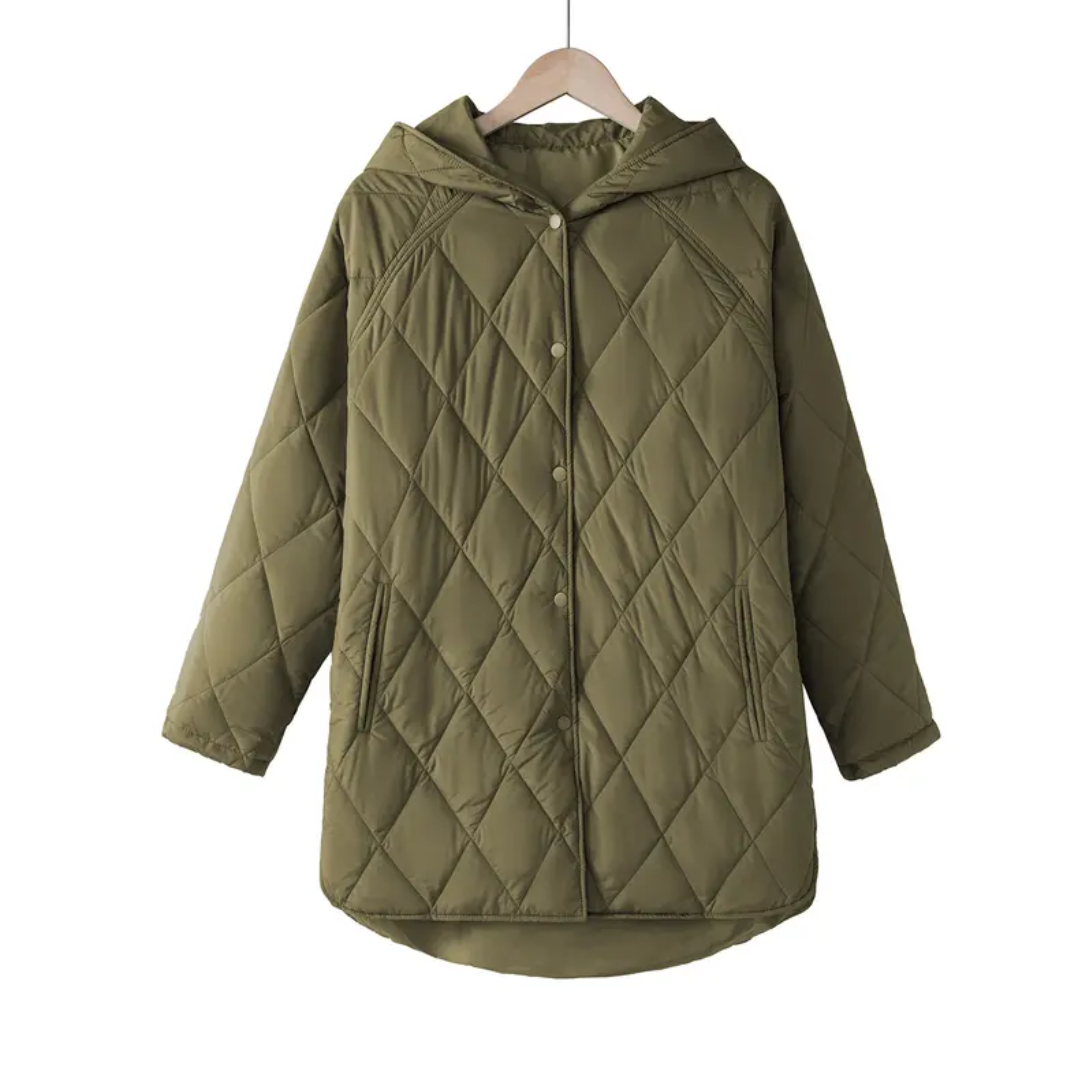 Women's Puffer Jacket, Longline Hooded Diamond Quilted