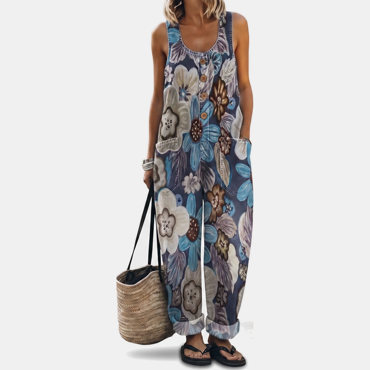 Women's Strapless Jumpsuit, Wide Leg Button Front