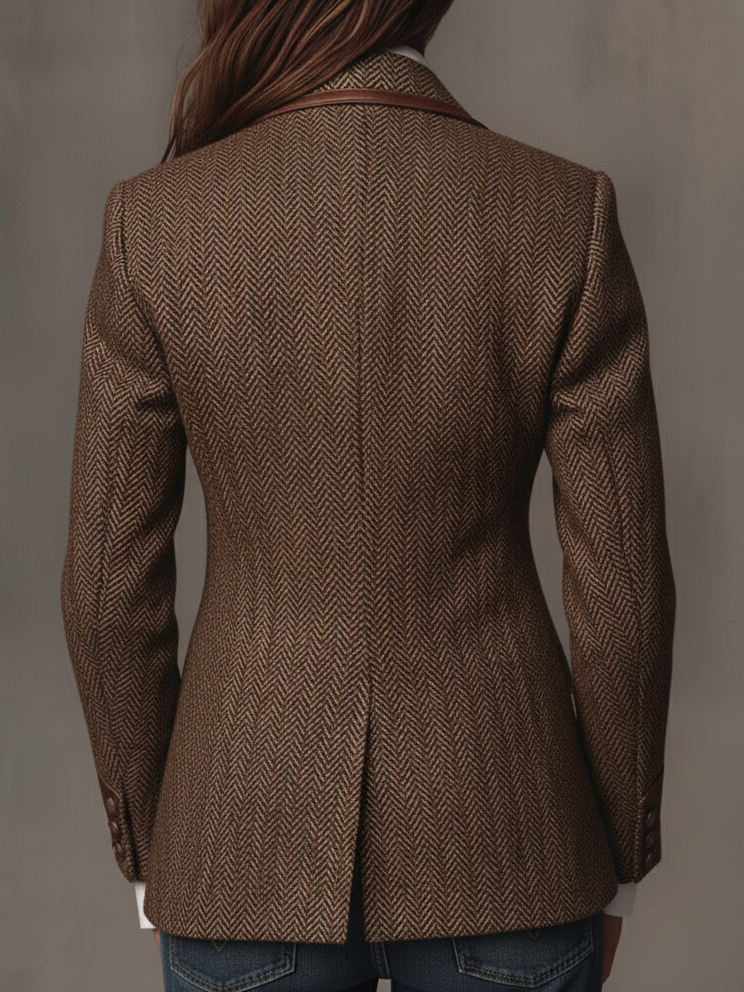 Savile | Herringbone Leather-Trim Tweed Blazer