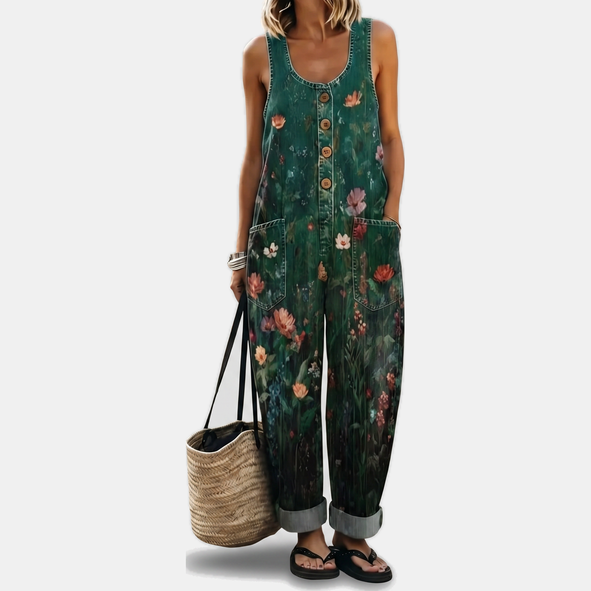 Women's Strapless Jumpsuit, Wide Leg Button Front
