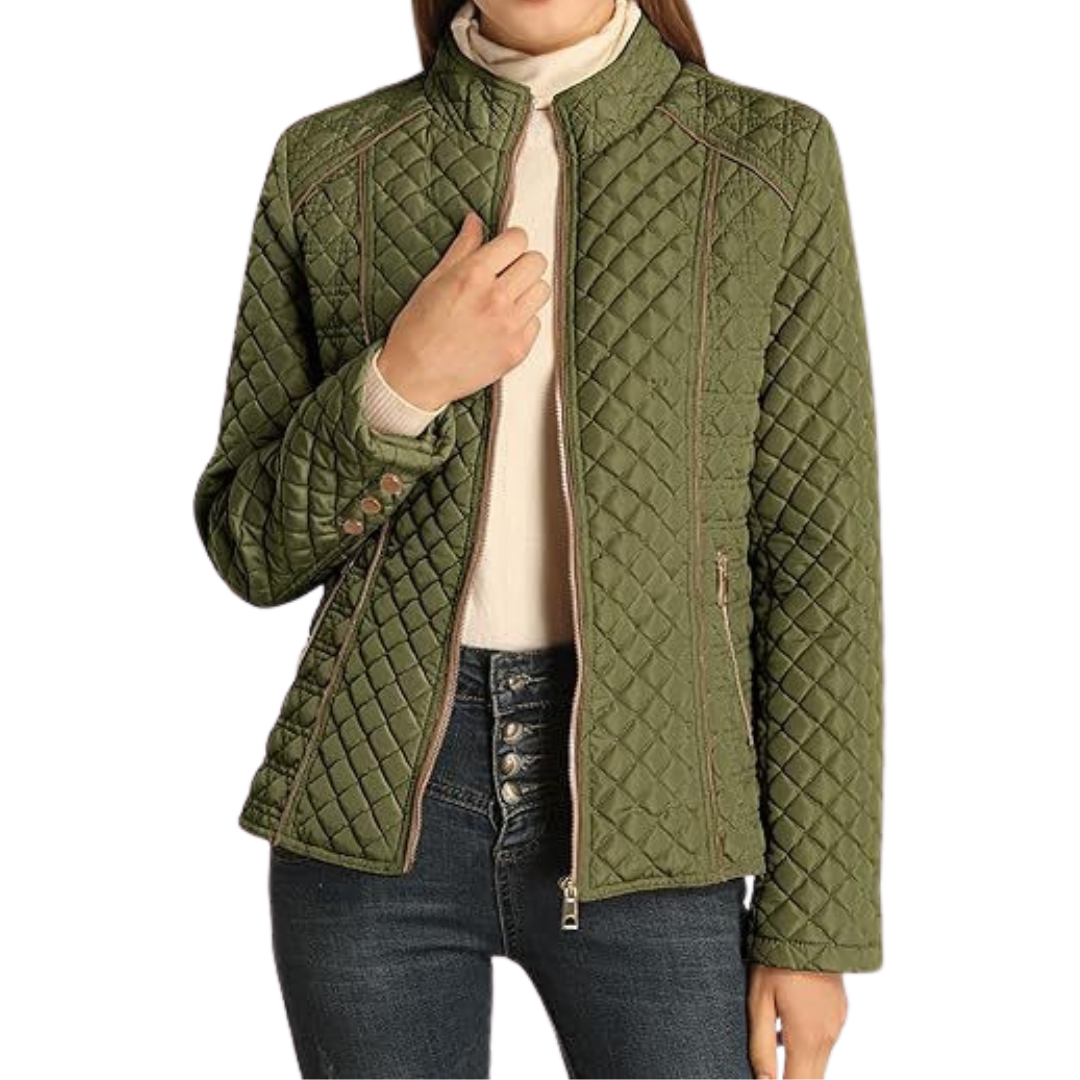 Women's Puffer Jacket, Diamond Quilt Stand Collar Zip Pockets