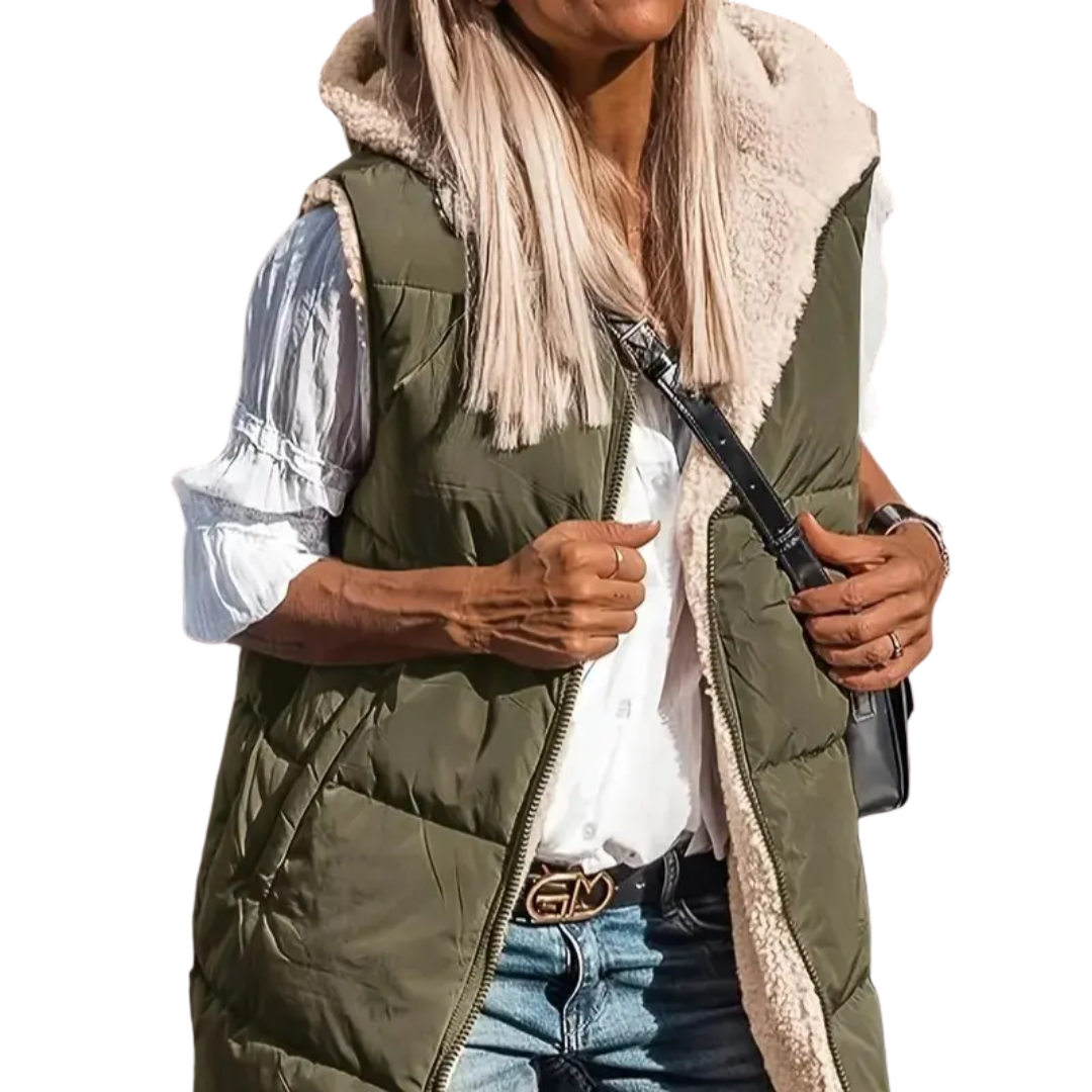 Women's Puffer Vest, Longline Hooded Quilted Sleeveless