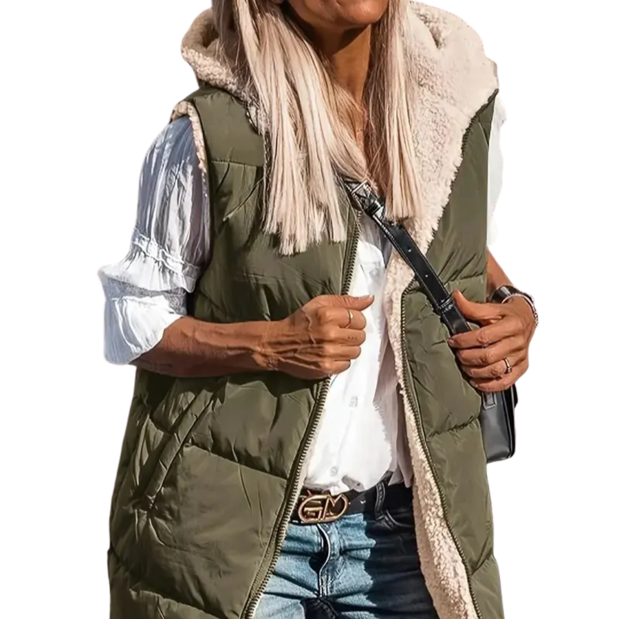 Women's Puffer Vest, Longline Hooded Quilted Sleeveless