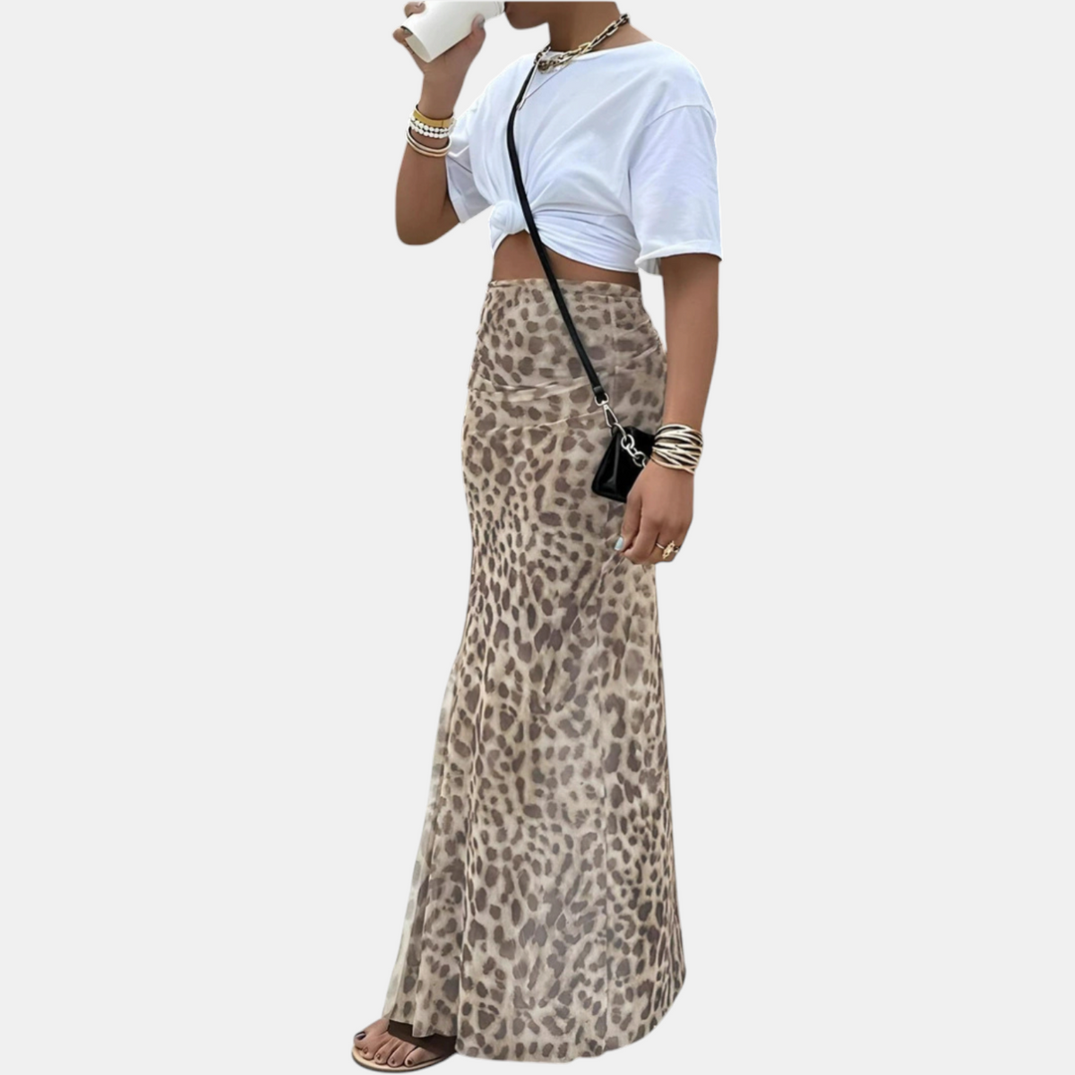 Women's Leopard Print Maxi Skirt, High Waist Fitted Fishtail Hem
