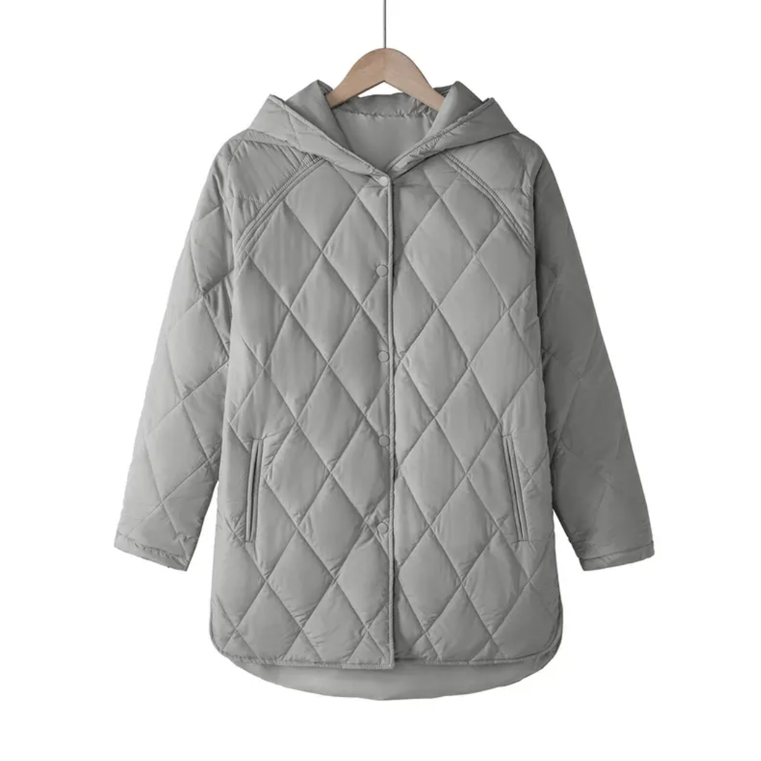 Women's Puffer Jacket, Longline Hooded Diamond Quilted
