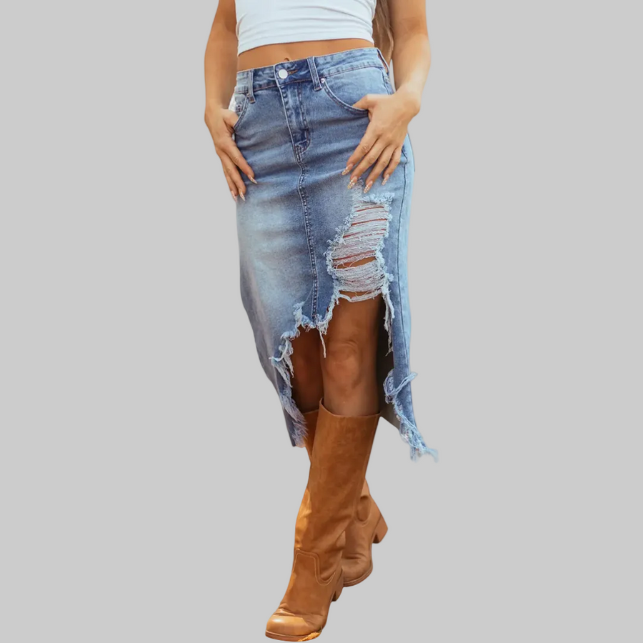 Women's Midi Skirt, Distressed Ripped Raw Frayed Hem