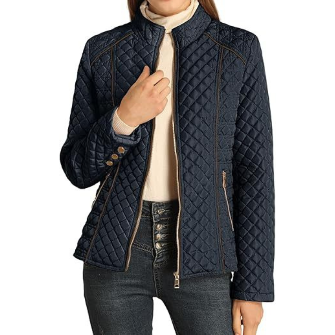 Women's Puffer Jacket, Diamond Quilt Stand Collar Zip Pockets