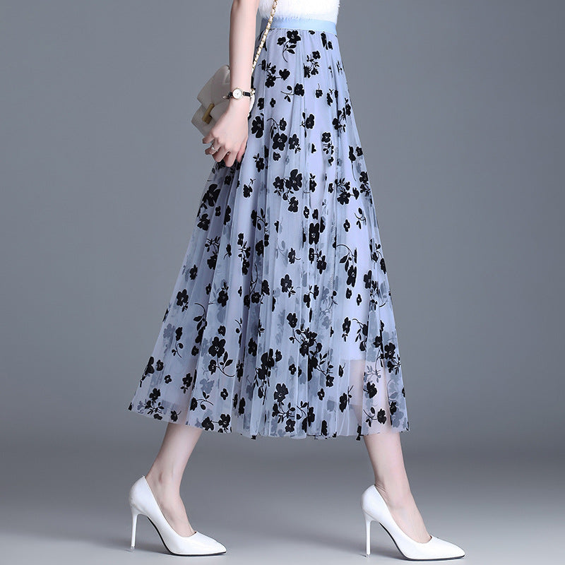 Women's Midi Skirt, Floral Mesh Overlay Pleated A-Line