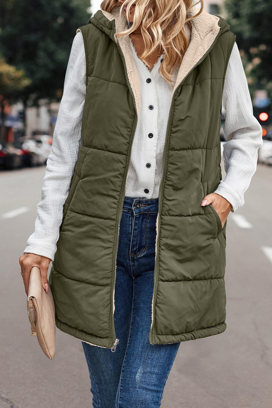 Women's Puffer Vest, Longline Hooded Quilted Sleeveless Jacket