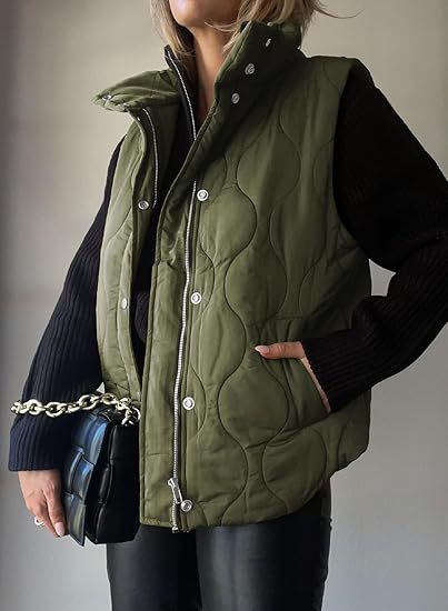 Women's Puffer Vest, Quilted High Neck Zip Up