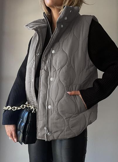 Women's Puffer Vest, Quilted High Neck Zip Up