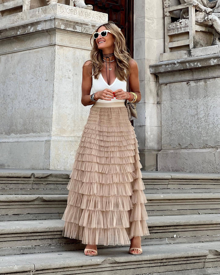 Women's Maxi Skirt, Tiered Ruffle Layers Ribbed Elastic Waist