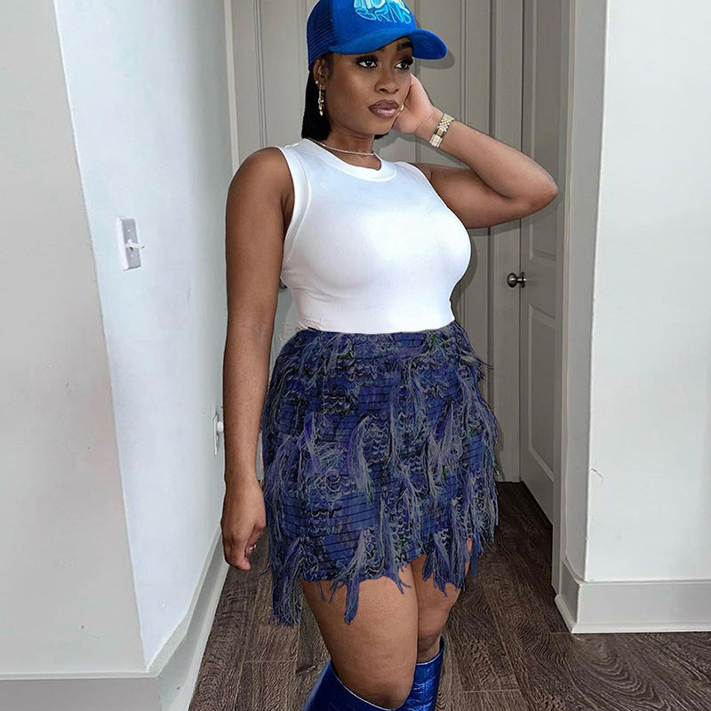 Women's Mini Skirt, Asymmetric Fringe Bodycon Fur Hem