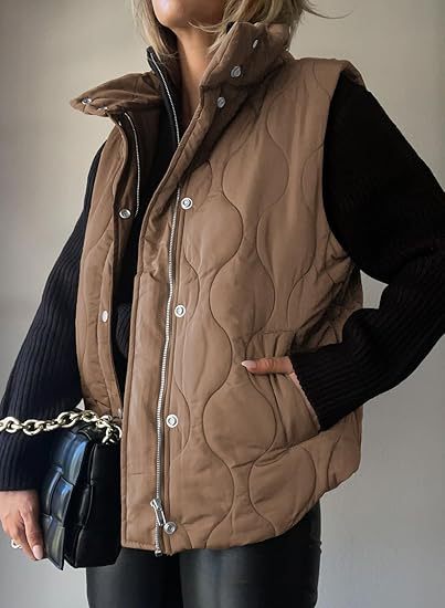Women's Puffer Vest, Quilted High Neck Zip Up